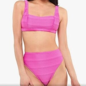 NWT SET Jessica Simpson 2 Piece Swimsuit Bikini M Pink Fuschia Ribbed High Waist